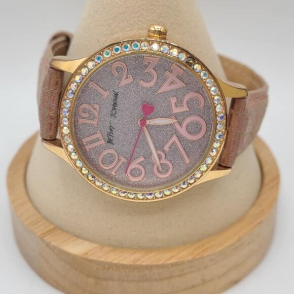 Betsey Johnson Rose Gold Tone Glitter Watch with Leather Strap RUNNING - Picture 1 of 13
